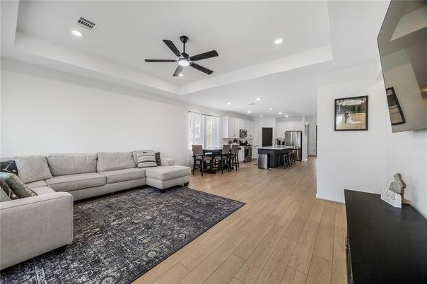 Dining room, Interior, Kitchen, Living room, Recessed Lighting, Wood Texture Flooring