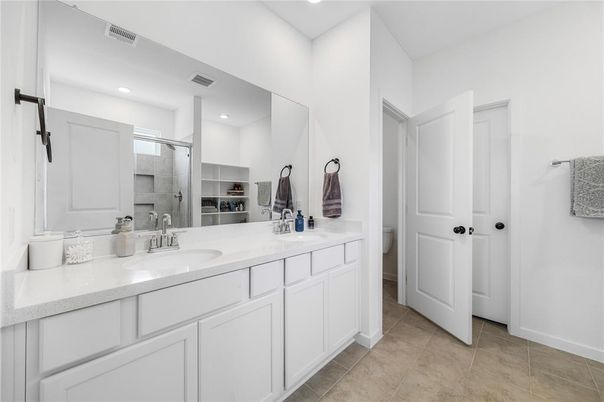 Bathroom, Dual Sink Vanities, Glass Shower, Interior, Recessed Lighting