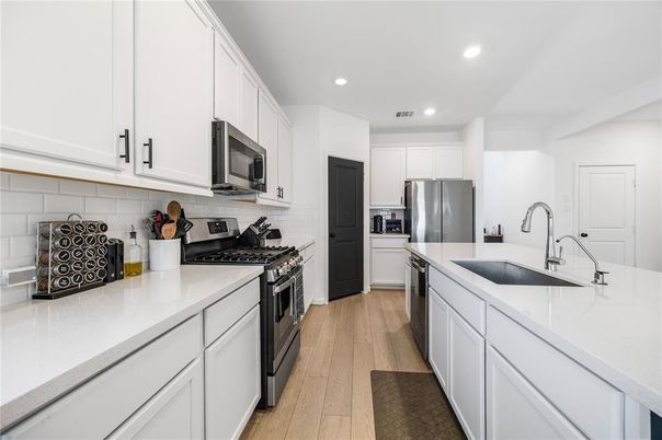 Interior, Kitchen, Recessed Lighting, Stainless Steel Appliances, Wood Texture Flooring