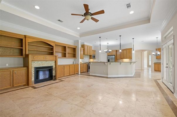 Fireplace, Interior, Kitchen, Pendant Lights, Recessed Lighting