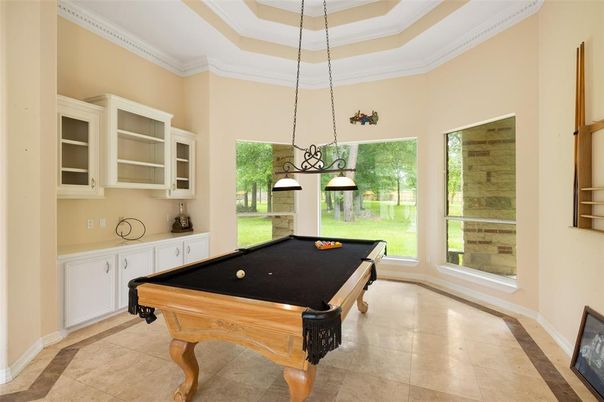 Billiard Table, Chandelier, Game Room, Interior, Pendant Lights