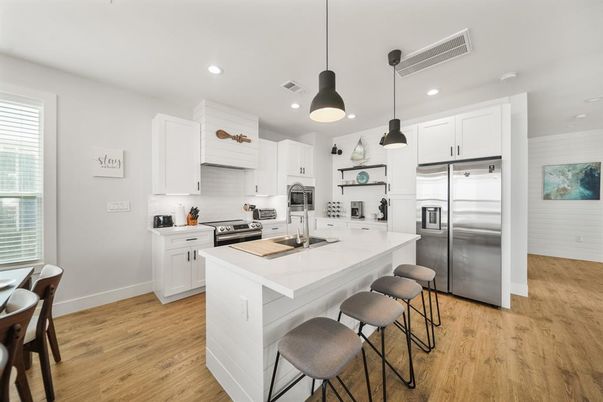 Interior, Kitchen, Pendant Lights, Recessed Lighting, Stainless Steel Appliances, Wood Texture Flooring