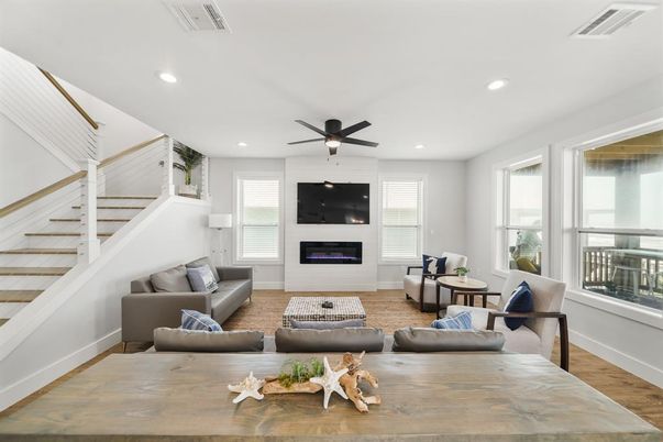 Fireplace, Interior, Living room, Recessed Lighting, Wood Texture Flooring