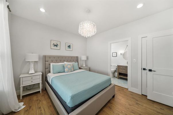Bedroom, Chandelier, Interior, Recessed Lighting, Wood Texture Flooring