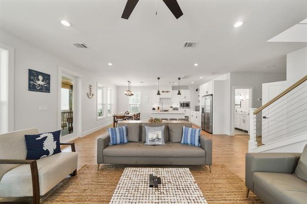Dining room, Interior, Kitchen, Living room, Pendant Lights, Recessed Lighting, Stainless Steel Appliances, Wood Texture Flooring