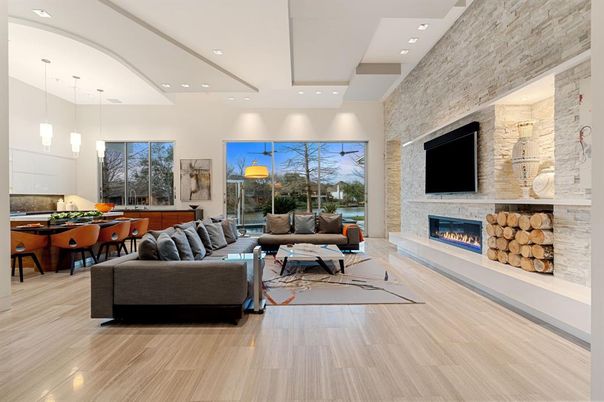 Dining room, Fireplace, Interior, Living room, Pendant Lights, Recessed Lighting, Stone Walls, Wood Texture Flooring