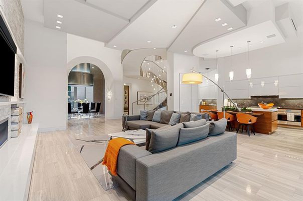 Dining room, Fireplace, Interior, Kitchen, Living room, Pendant Lights, Recessed Lighting, Wood Texture Flooring