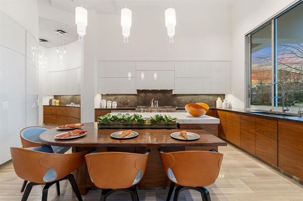 Dining room, Interior, Pendant Lights, Wood Texture Flooring
