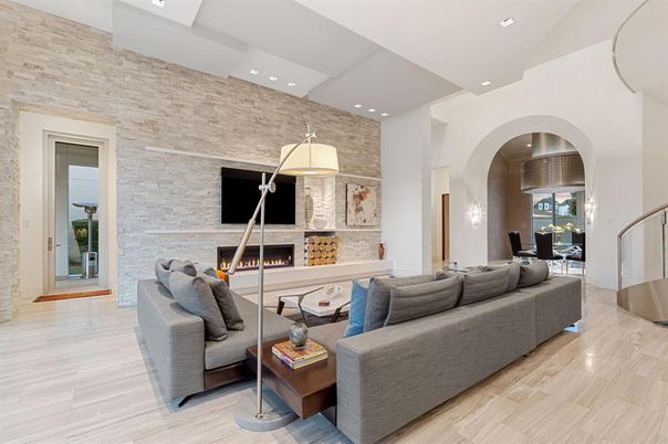 Fireplace, Interior, Living room, Recessed Lighting, Stone Walls, Wood Texture Flooring