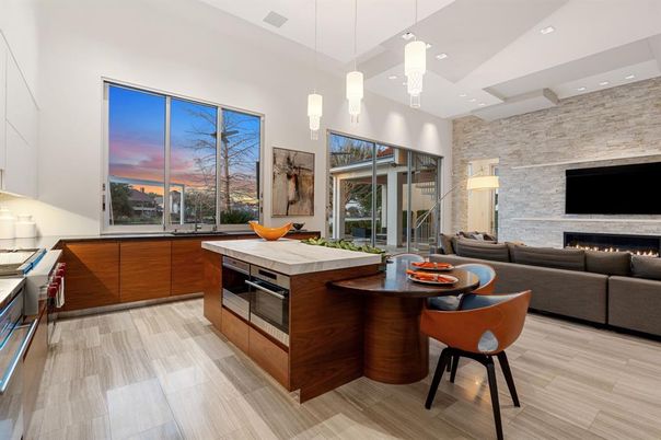 Dining room, Fireplace, Interior, Kitchen, Living room, Pendant Lights, Recessed Lighting, Stone Walls, Wood Texture Flooring