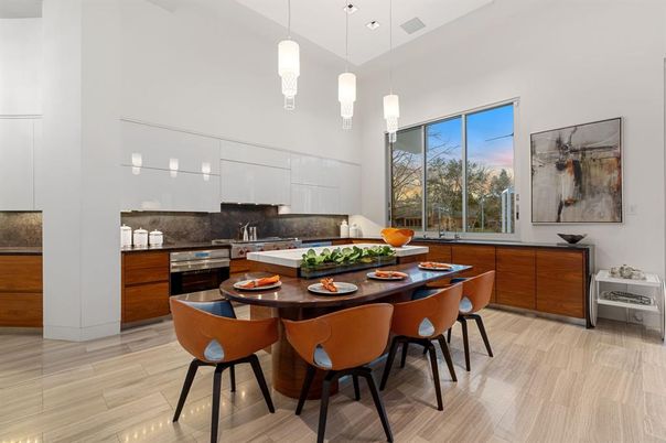 Dining room, Interior, Kitchen, Pendant Lights, Stainless Steel Appliances, Wood Texture Flooring