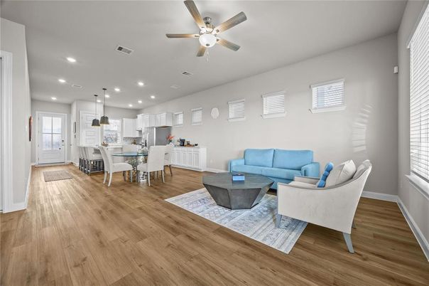 Dining room, Interior, Kitchen, Living room, Pendant Lights, Recessed Lighting, Wood Texture Flooring