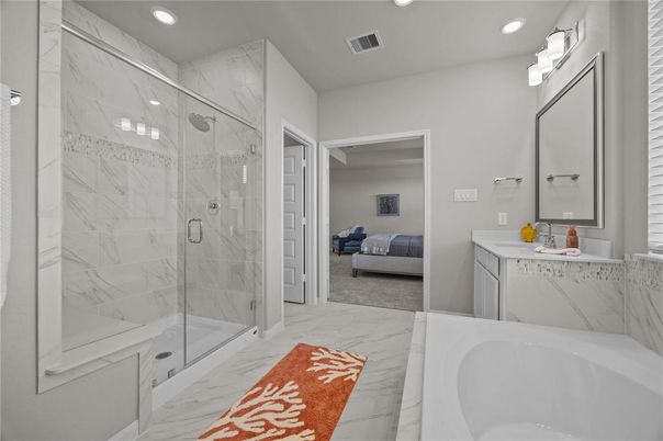 Bathroom, Bedroom, Dual Sink Vanities, Glass Shower, Interior, Marble, Marble Walls, Recessed Lighting