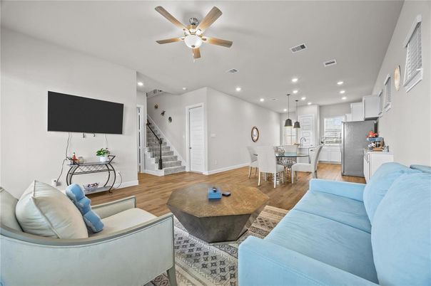 Dining room, Interior, Kitchen, Living room, Pendant Lights, Recessed Lighting, Wood Texture Flooring