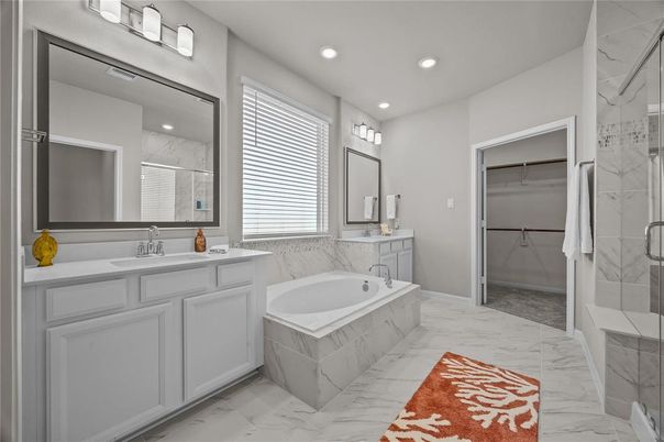 Bathroom, Dual Sink Vanities, Glass Shower, Interior, Marble, Marble Walls, Recessed Lighting