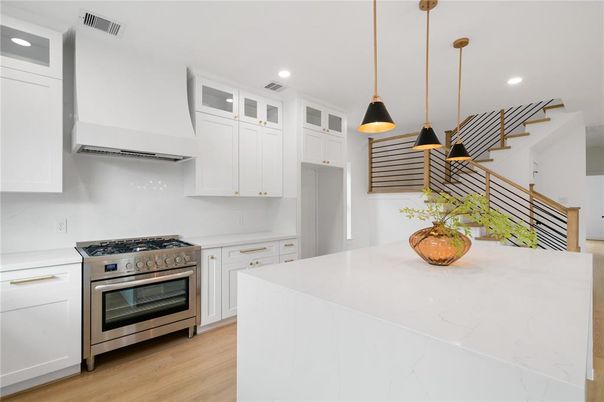 Interior, Kitchen, Pendant Lights, Recessed Lighting, Stainless Steel Appliances, Wood Texture Flooring