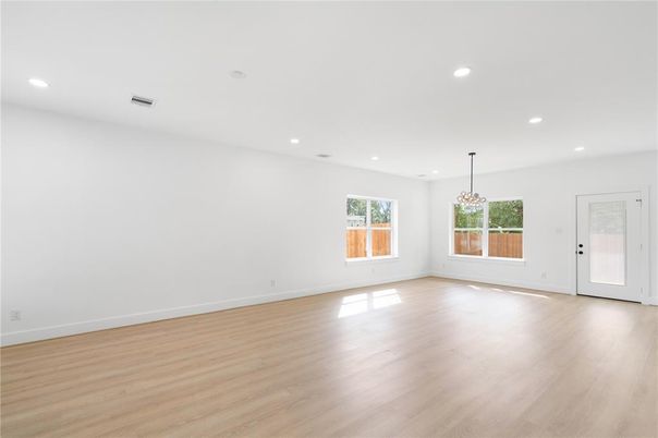 Chandelier, Empty room, Interior, Recessed Lighting, Wood Texture Flooring