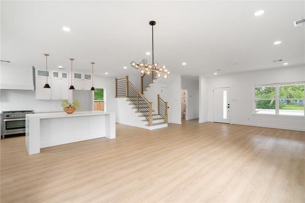 Interior, Kitchen, Pendant Lights, Recessed Lighting, Stainless Steel Appliances, Wood Texture Flooring