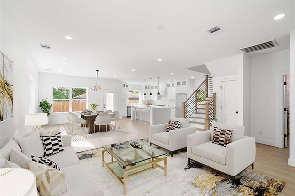 Dining room, Interior, Kitchen, Living room, Pendant Lights, Recessed Lighting, Wood Texture Flooring