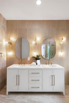Bathroom, Dual Sink Vanities, Interior, Recessed Lighting, Wooden Walls