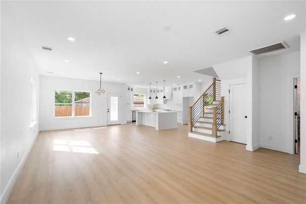 Interior, Kitchen, Pendant Lights, Recessed Lighting, Wood Texture Flooring