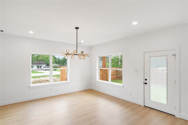 Empty room, Interior, Pendant Lights, Recessed Lighting, Wood Texture Flooring