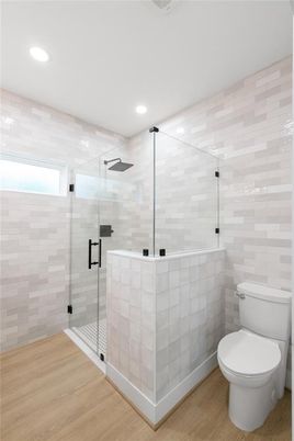 Bathroom, Glass Shower, Interior, Recessed Lighting, Wood Texture Flooring