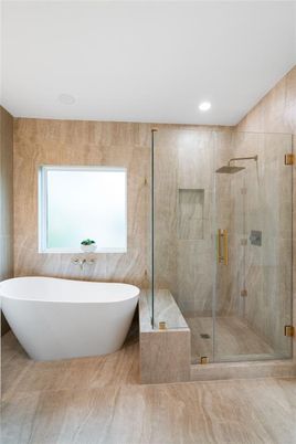 Bathroom, Free Standing Baths, Glass Shower, Interior, Recessed Lighting