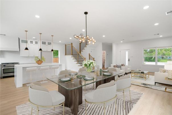 Dining room, Interior, Kitchen, Living room, Pendant Lights, Recessed Lighting, Stainless Steel Appliances, Wood Texture Flooring