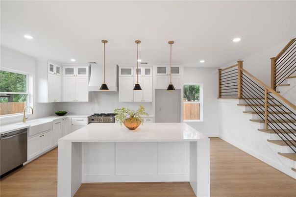 Interior, Kitchen, Pendant Lights, Recessed Lighting, Stainless Steel Appliances, Wood Texture Flooring