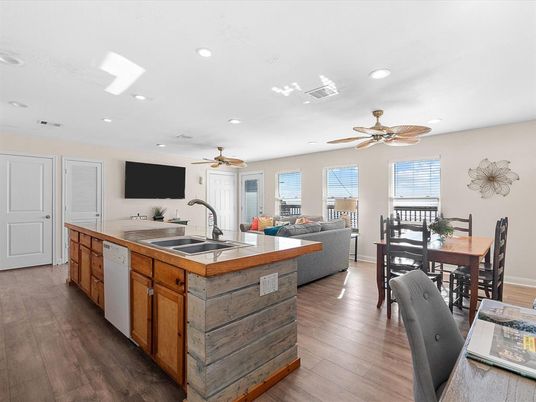 Dining room, Interior, Kitchen, Living room, Recessed Lighting, Wood Texture Flooring