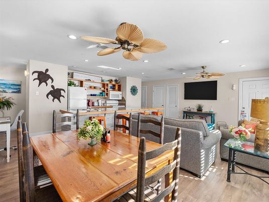 Dining room, Interior, Kitchen, Living room, Recessed Lighting, Wood Texture Flooring