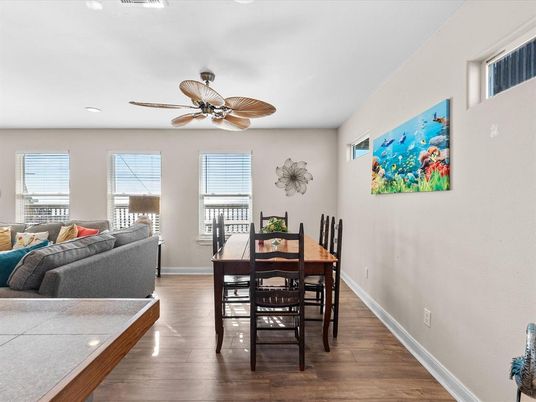 Dining room, Interior, Living room, Recessed Lighting, Wood Texture Flooring