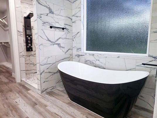 Bathroom, Free Standing Baths, Interior, Marble Walls, Wood Texture Flooring