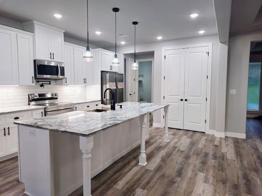 Interior, Kitchen, Pendant Lights, Recessed Lighting, Stainless Steel Appliances, Wood Texture Flooring
