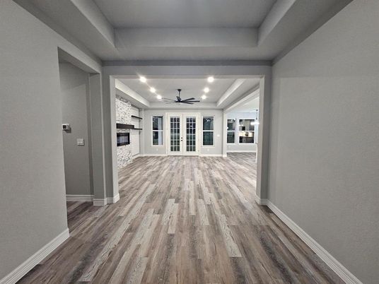 Empty room, Fireplace, Interior, Recessed Lighting, Wood Texture Flooring