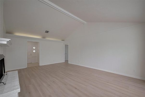 Empty room, Fireplace, Interior, Recessed Lighting, Wood Texture Flooring