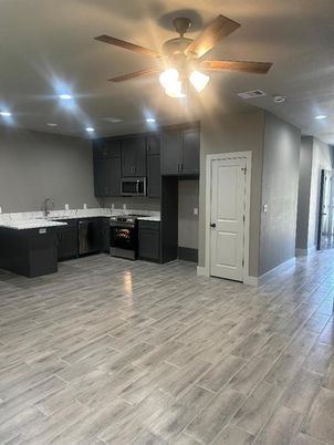 Interior, Kitchen, Recessed Lighting, Wood Texture Flooring