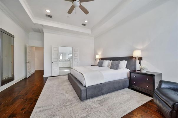 Bedroom, Interior, Recessed Lighting, Wood Texture Flooring
