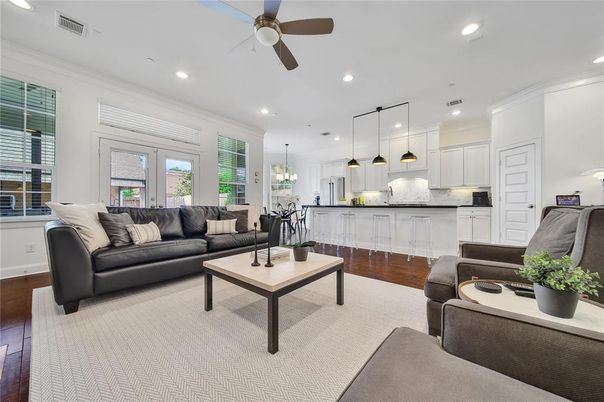 Chandelier, Dining room, Interior, Kitchen, Living room, Pendant Lights, Recessed Lighting, Wood Texture Flooring