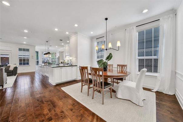 Dining room, Interior, Kitchen, Pendant Lights, Recessed Lighting, Wood Texture Flooring