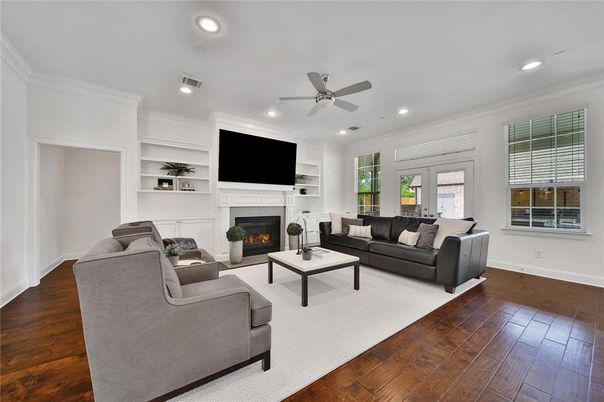 Fireplace, Interior, Living room, Recessed Lighting, Wood Texture Flooring