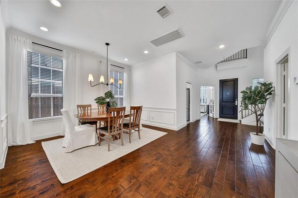 Dining room, Interior, Pendant Lights, Recessed Lighting, Wood Texture Flooring