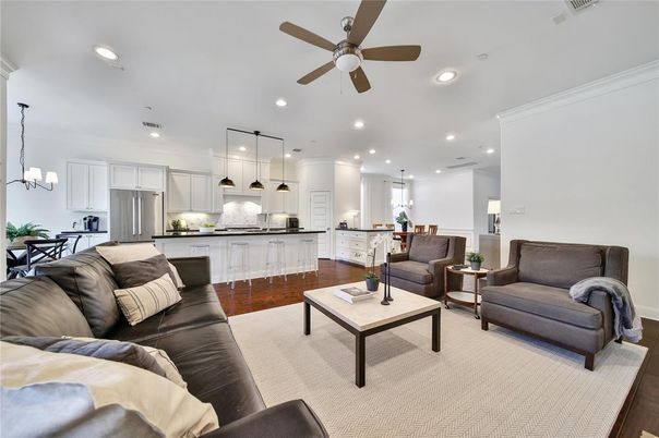 Dining room, Interior, Kitchen, Living room, Pendant Lights, Recessed Lighting, Stainless Steel Appliances, Wood Texture Flooring
