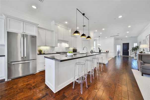 Interior, Kitchen, Pendant Lights, Recessed Lighting, Stainless Steel Appliances, Wood Texture Flooring