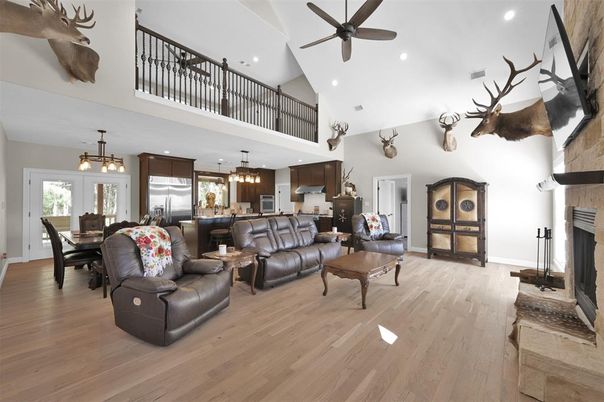 Dining room, Fireplace, Interior, Kitchen, Living room, Pendant Lights, Recessed Lighting, Wood Texture Flooring