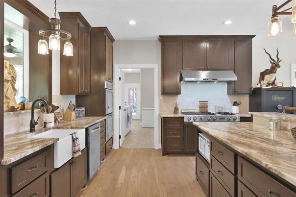 Interior, Kitchen, Pendant Lights, Recessed Lighting, Stainless Steel Appliances, Wood Texture Flooring