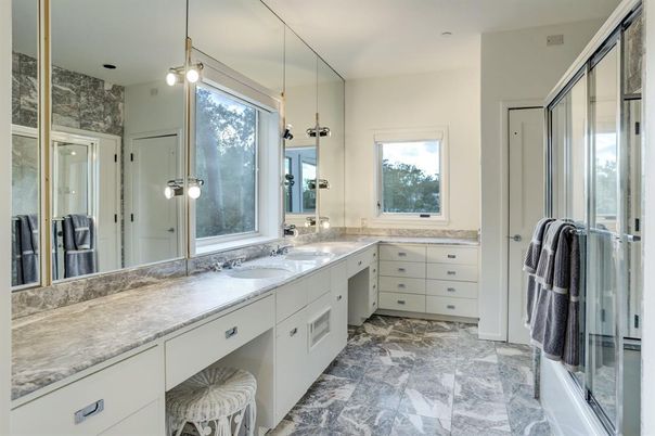 Bathroom, Dual Sink Vanities, Glass Shower, Interior, Pendant Lights
