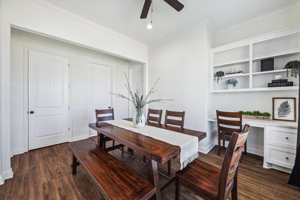 Dining room, Interior, Recessed Lighting, Wood Texture Flooring