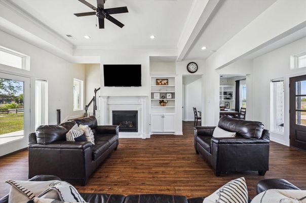 Fireplace, Interior, Living room, Recessed Lighting, Wood Texture Flooring